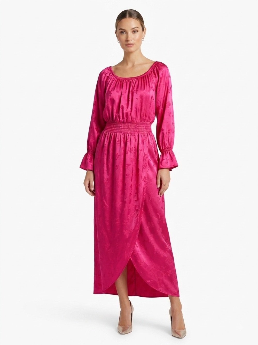 11 Honoré Pink Satin Jacquard Long Sleeve Smocked Waist Midi Dress Size 12